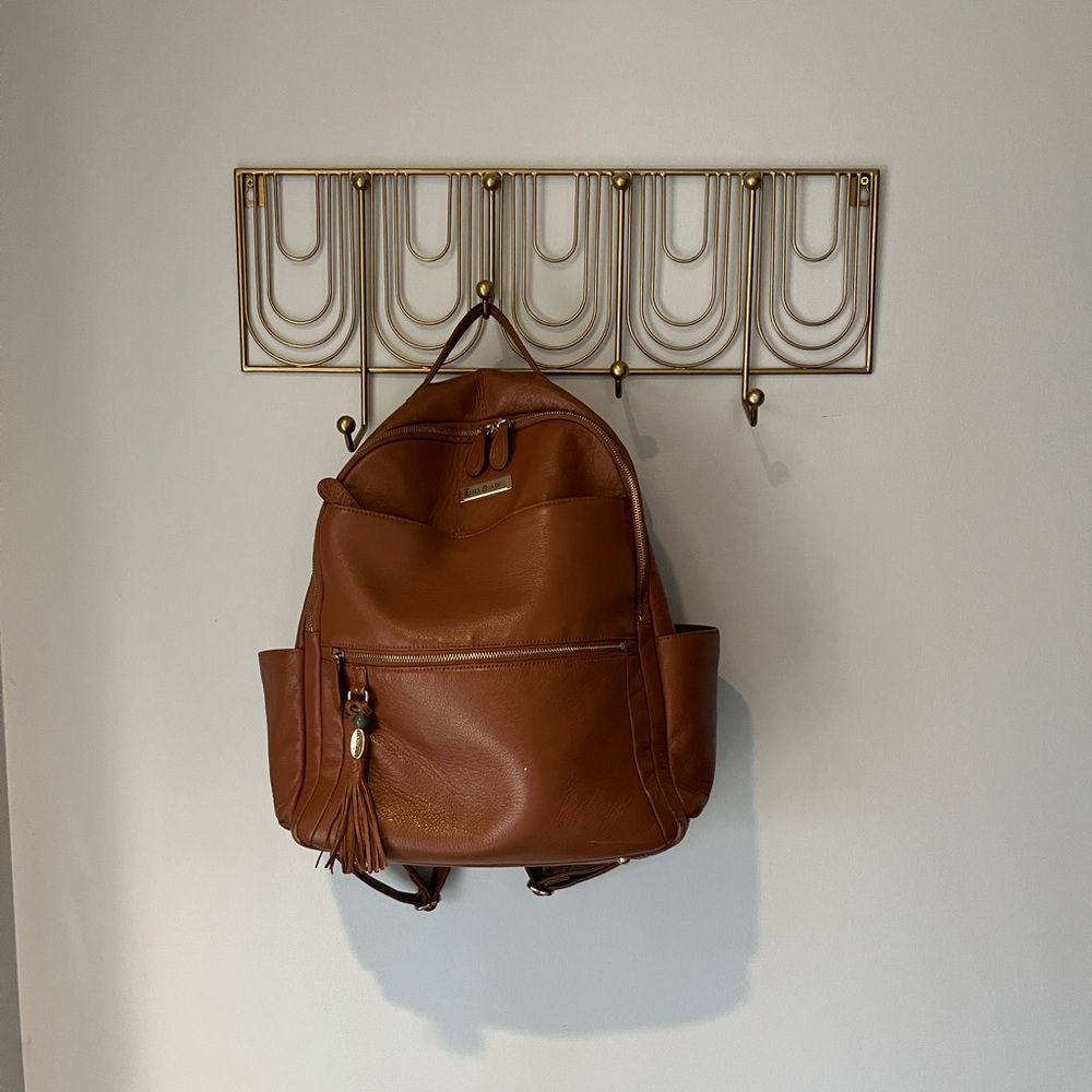 Lily Jade Brown Leather Backpack diaper bag with Teal Lining and accessories
